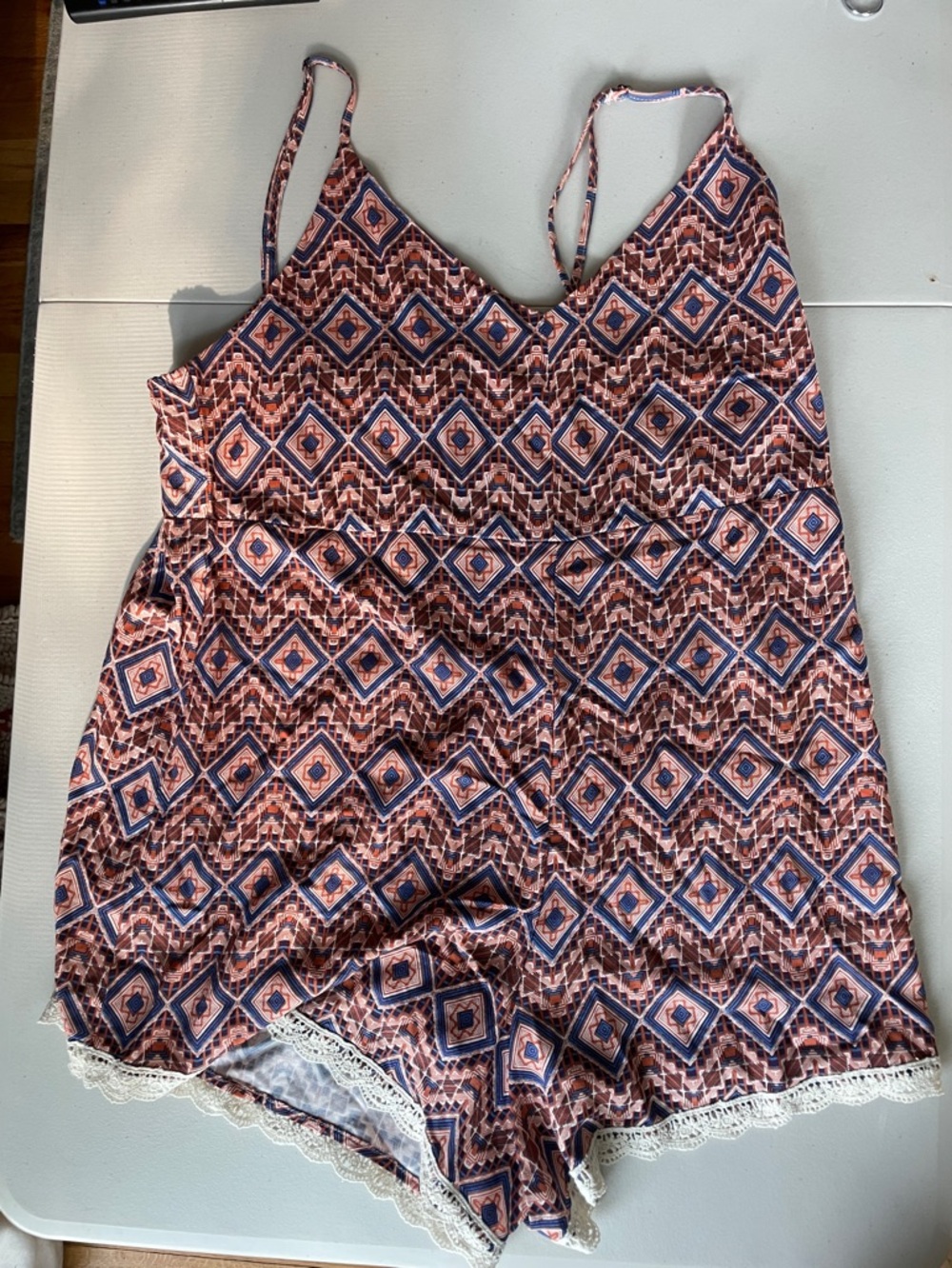 Forever 21 Women’s Geometric Lace-Trim Cami Romper, NWT